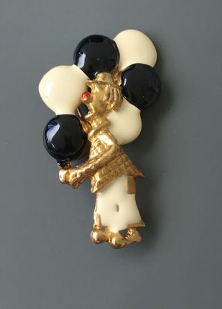 Vintage Clown With Balloons Brooch In Enamel On Gold Tone Metal