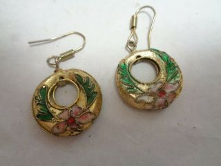 Vintage Double Sided Round Gold Plated Flower Enamel Cloisonne Dangle Earrings