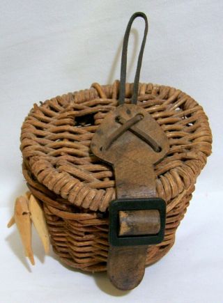 Vintage Adorable Miniature Wicker Fishing Creel Basket With Leather Strap
