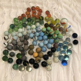 130 Marbles Plus 2 Shooters Vintage? Glass Marbles Cats Eye Swirl Collect Play