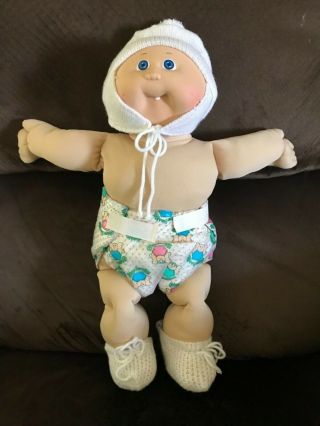 Vintage 1982 Cabbage Patch Kids Doll Bald Blue Eyes Tooth Diaper Hat Booties
