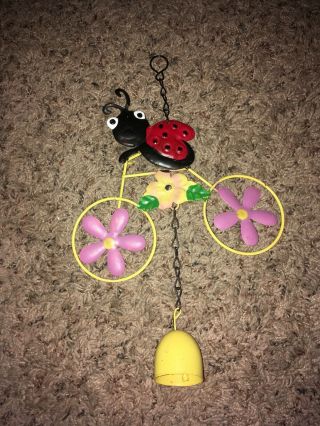 Vintage Metal Ladybug Riding Bicycle Wind Chime With Flower Wheels - Antique