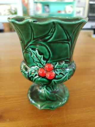 Vintage Lefton Christmas Green Holly Berry Flower Planter Vase