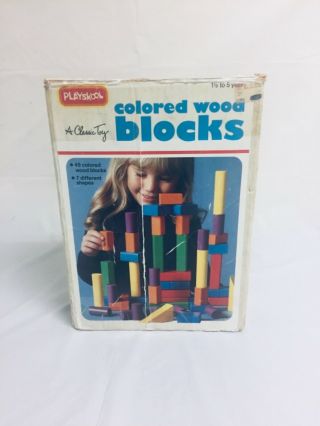 Vintage (1988) Playskool Colored Wood Wooden Building Blocks 40 Blocks 7 Shapes