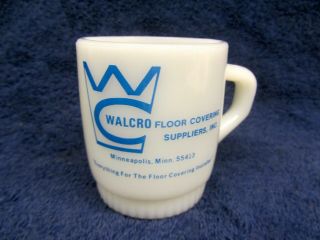 2 Vintage Fire King Advertising Milk Glass Mugs PIONEER & WALCRO FLOOR Minnesota 5