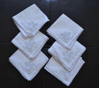 Set Of 6 Vintage Napkins Or Tea Towels - Embroidered Chickens Roosters - White