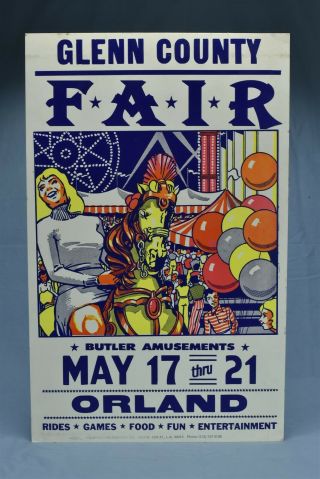 Vintage 1989 Glenn County Fair Orland Ca But;er Carnival Fair Poster Old 06968