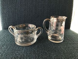 Vintage Art Deco Clear Glass Sugar And Creamer Silver Overlay Flower Design