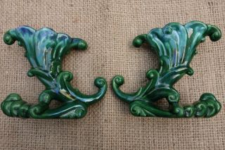 Vintage Pair Ceramic Candle Holders Green & Blue Floral Trumpet