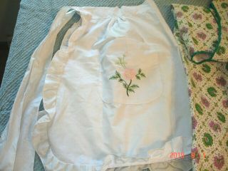 Vintage Style Waist Apron White With Pink Flower Embroidered,  Everyday Apron