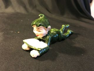 Vintage Treasure Craft Christmas Green Ceramic Pixie Elf Figurine Reading