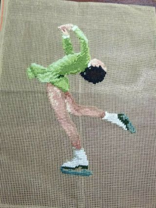 Vintage Needlepoint Piece Ice Skater In Green To Finish