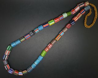 Vintage Ethnic Tribal Multi - Color Stripe Chevron Glass Trade Beads Necklace