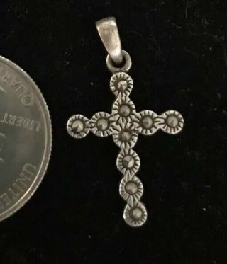 Vintage Marcasite Art Deco Cross 925 Sterling Silver Pendant Necklace