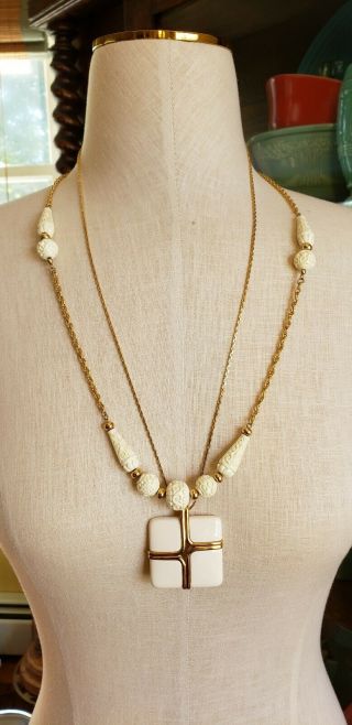 2 Mid Century Vintage Trafari Gold Plated Ivory Plastic Modernist Necklace