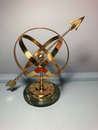 Vintage Celestial Brass Armillary Globe Sphere Arrow/ On Marble Base
