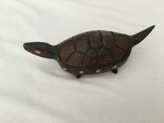 Vintage Folk Art Hand Carved Dark Wood Turtle 6 " Long Inlays Inlaid Eyes Dots