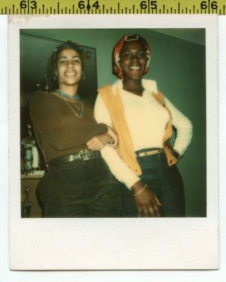 Vintage Color Polaroid Photo / Young Black Woman & Girlfriend In Jeans & Braids