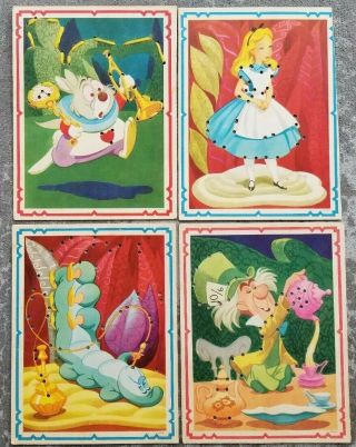 Vintage Alice In Wonderland Set 4 Sewing Cards Children 1951 Usa W.  Disney Prod.