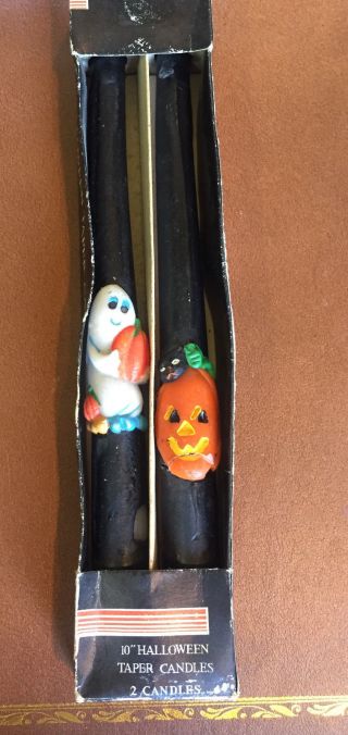 Vtg Halloween 10 " Taper Candle Sticks 2 Designs & 2 Candles,  Ghost & Pumpkin