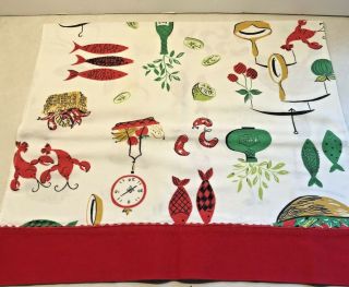 Vintage Kitchen Tea Towel Screen Printed With A Variety Of Cooking Utensils Food