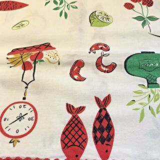 Vintage Kitchen Tea Towel Screen Printed With a Variety of Cooking Utensils Food 3