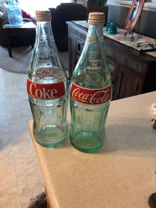 Two Vintage 32 Oz.  Coca - Cola Green Glass Bottles With Screw - On Cap.