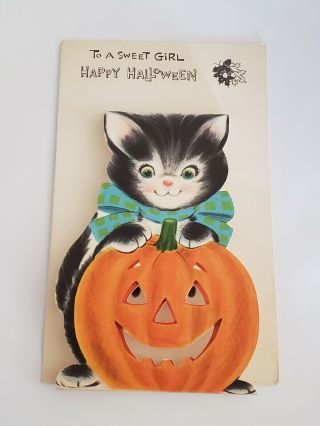 Vintage American Greetings Halloween Card Black Cat Kitten Pumpkin 60 