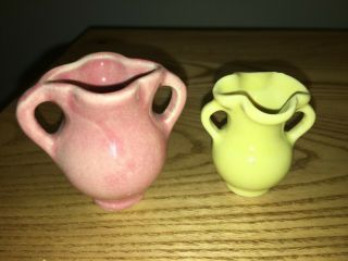 Vintage Miniature Painted Pottery Double Handled Vases Pink & Yellow