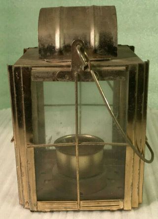 Vintage Brass Plated Tin & Glass Candle Lantern W/ Wire Handle