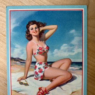 Vtg Art Frahm Pin Up Girl In Bathing Suit On Beach Blank Blotter Salesman Sample 2