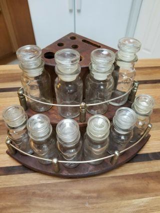 Vintage Wooden Counter Corner Spice Rack W Jars,  Utensil Holder
