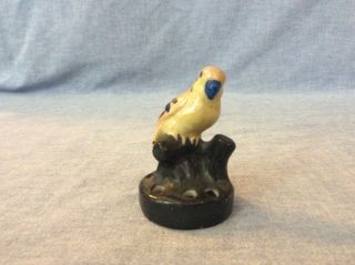 Vintage Japan Miniature Flower Frog Ceramic Yellow Bird Luster 6 Holes