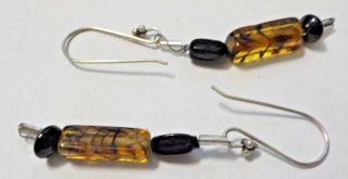 Vintage Amber & Black Plastic Beads Dangling Pierced Earrings