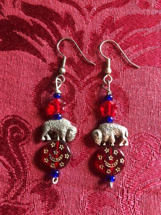 Vintage Buffalo Bison Earrings Red Blue Glass Beads Silver Native American