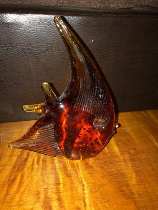 Vintage Amber Art Glass Paperweight Angel Fish Handblown