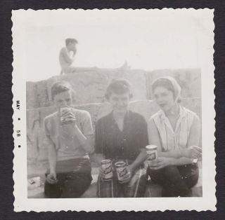 Guy Sits Over 3 Ladies Drinking Schlitz Beer Old/vintage Photo Snapshot - F123