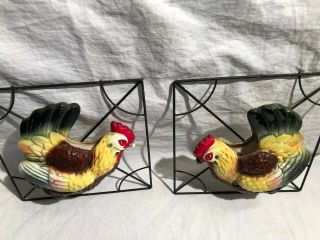VINTAGE Pair CERAMIC ROOSTER 1960 ' s? WALL POCKET PLANTERS ON BLACK WIRE - CONSCO 2