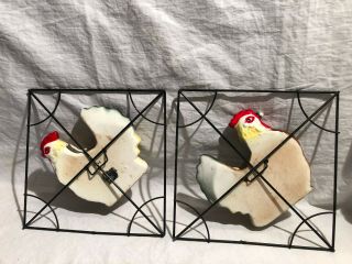 VINTAGE Pair CERAMIC ROOSTER 1960 ' s? WALL POCKET PLANTERS ON BLACK WIRE - CONSCO 5