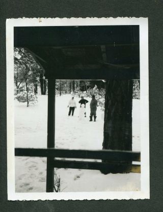 Unusual Vintage Polaroid Photo Candid Porch View Of 3 Men Making Snowman 988108