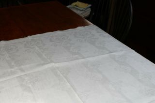 Vintage Snowy White Linen Damask Tablecloth 4 Sided Hem Roses & Stripes