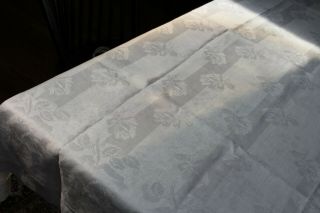 Vintage Snowy White Linen Damask Tablecloth 4 Sided Hem Roses & Stripes 2