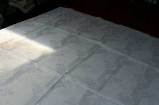Vintage Snowy White Linen Damask Tablecloth 4 Sided Hem Roses & Stripes 3