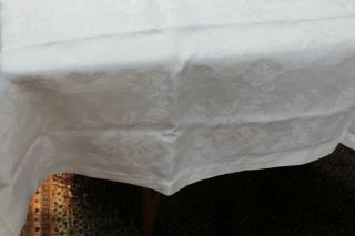Vintage Snowy White Linen Damask Tablecloth 4 Sided Hem Roses & Stripes 5