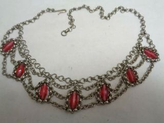 Vintage Multi Strand Silver Tone Chain Red Glass Cascade Beaded Link Necklace