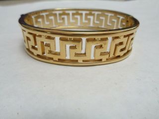 Vintage Gold Tone Open Cut Greek Key Hinged Clamper Bangle Bracelet