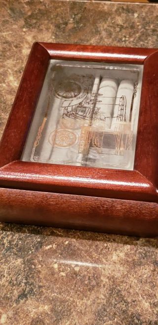 Vintage Wooden Jewelry Box Wood - Etched glass with old car 3