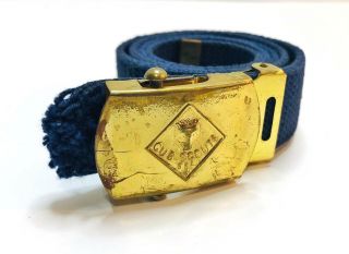 Vintage Cub Scout Blue Belt W/ Solid Brass Bsa Cub Scout Buckle Embossed Wolf