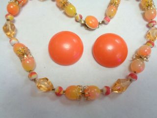 Vintage Hong Kong Yellow Orange Plastic Gold Tone Cap Beaded Necklace & Earrings