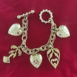 Vintage Gold Tone Charm Bracelet With 5 Textured Charms 7 "